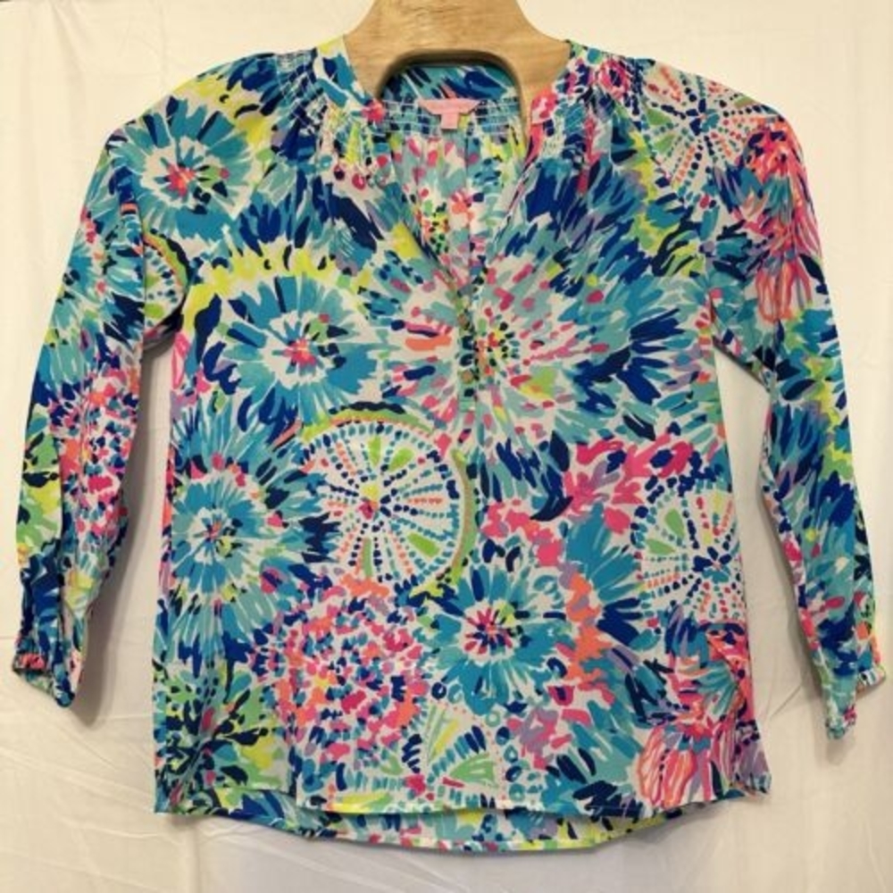 Lilly Pulitzer Blouse Womens S Silk Elsa Top Multi Dive In Floral Print Long Slv
